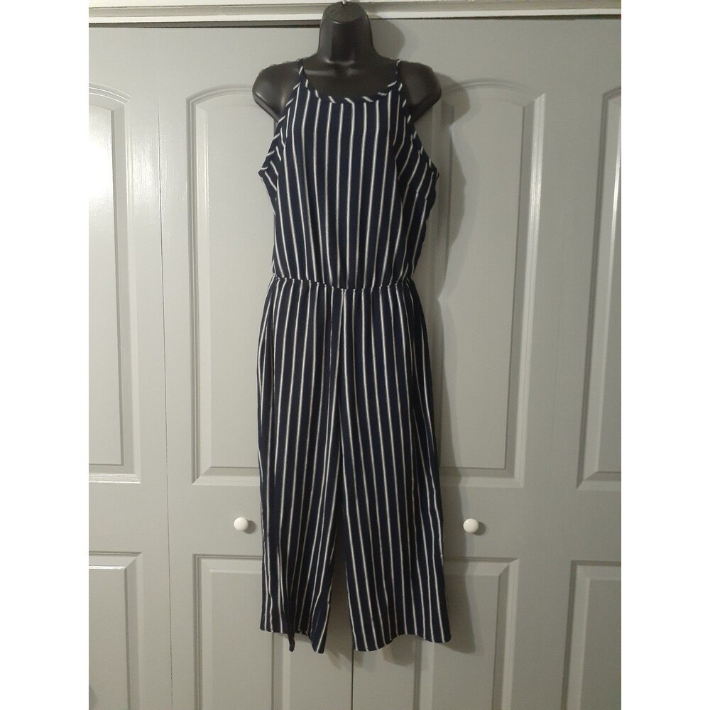 Ci Sono white/navy striped open back jumpsuit